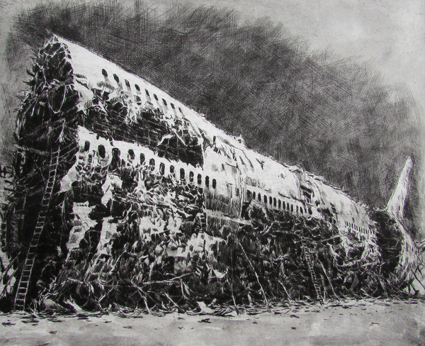 Travel Is Dangerous drypoint and watercolour 8x10 inches edition of twenty