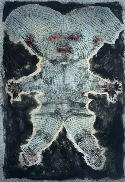 Boy Blue, drypoint, monoprint spraypaint and watercolour, variable edition, 12"x18"