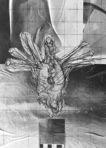 Summoning Help, drypoint, drawing, spraypaint, relief, chine colle, 12x18in. one of one