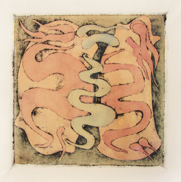 Two Forms Study, collagraph, tea, watercolour, 5x5 inches varied edition of 20