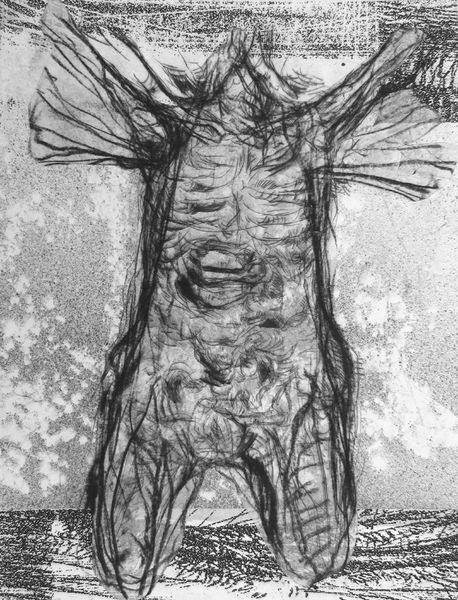Surrendering Figure, drypoint, drawing, spraypaint, chine colle, 9x12in. one of one on Stonehenge paper.