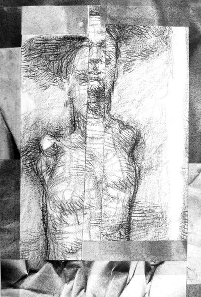 Das Model, drawing, spraypaint, chine colle, 8x12in. one of one