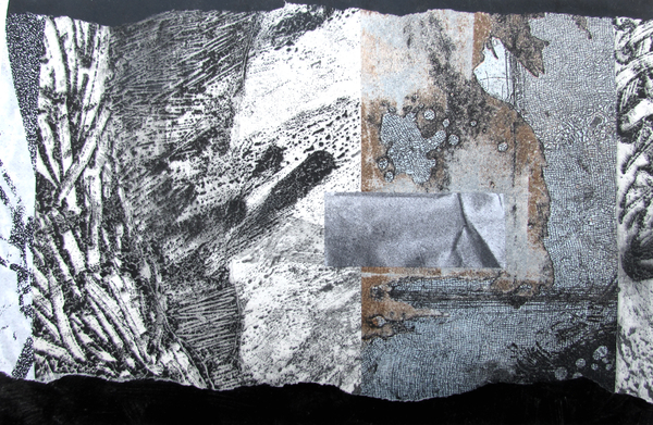 Uprising, etching, spraypaint, silkscreen, acrylic, chine colle, 8x12in