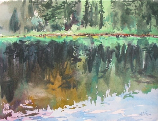 Battleship Lake Reflections, 11x15 inch watercolour 250.00 unframed