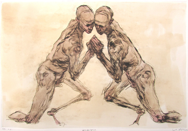 Push, drypoint, tea, watercolour, 12x16 inches edition of five.