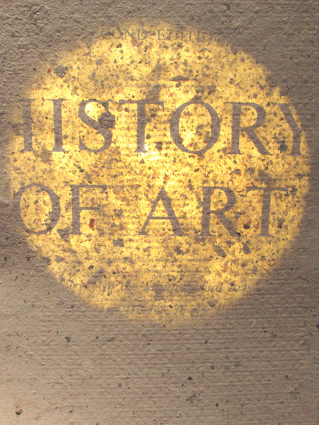 History Of Art (back lit to reveal inside page), 8x12in, Janson History Of Art handmade paper with embeded title page from Janson History of Art, one of one.