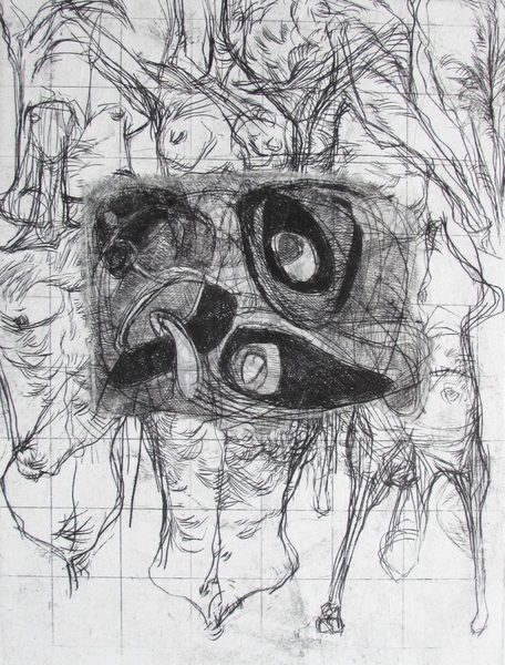 Clusterfuck, drypoint, chine colle, 9x12in. one of one
