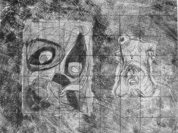 Shape Shifter, drypoint, chine colle, 9x12in. one of one