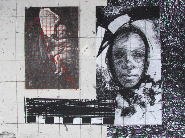 Poor Outlook, drypoint. xerox, drawing, silkscreen, relief, chine colle, 9x12in. one of one