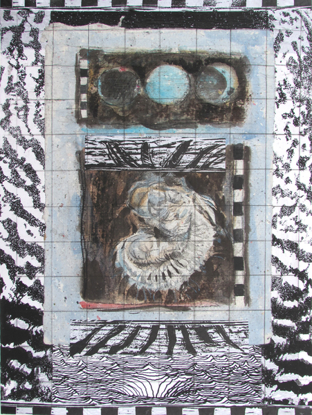 Suspended Animation, drypoint, drawing, watercolour, silkscreen, relief, watercolour, drawing, chine colle, 12x18in. one of one