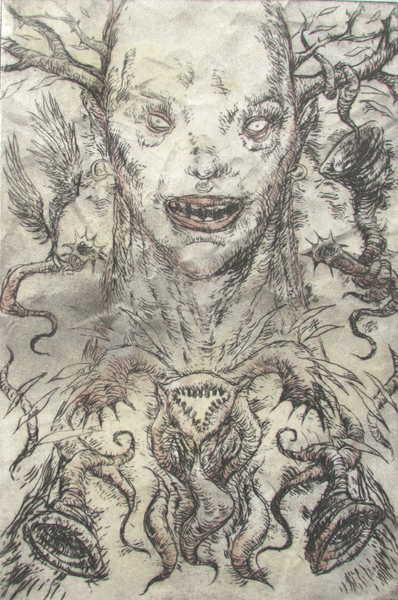 Old God and Peripherals, drypoint, watercolour, 8x12 inches, edition of 5