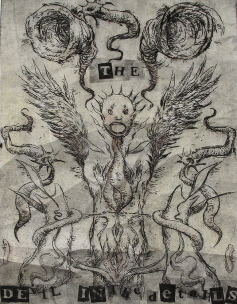 The Devil In The Details, drypoint, spraypaint, chine colle, watercolour 8x10 inches 80.00