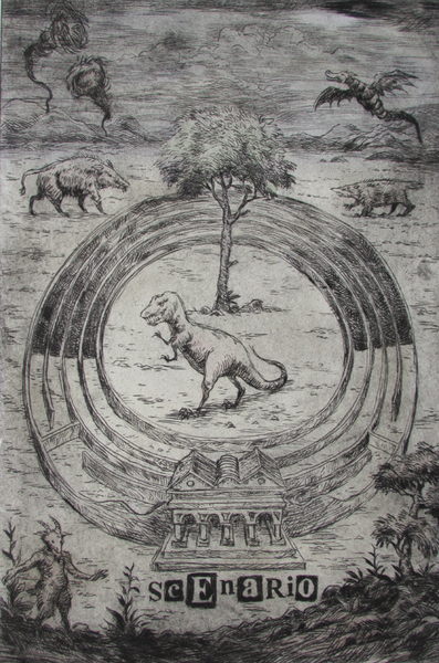 Scenario, drypoint with watercolour, 8x12 inches, edition of twenty