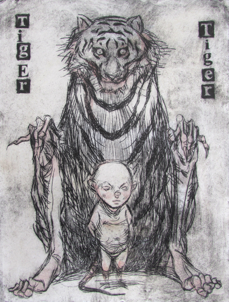 Tiger Tiger, drypoint, watercolour, spraypaint, chine colle, 8x12 inches edition of five