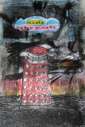 Seek, Locate, Exterminate, drypoint, drawing, crayon, chin-colle one-of-one, 8x12 inches