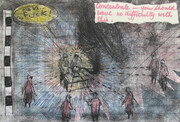 Critical Mass, drypont, drawing, chine colle, childhood drawings and teacher admonitions, 8x12 inches one-of-one