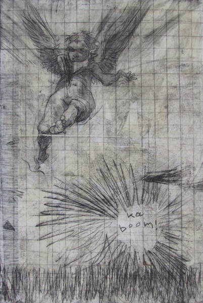 Incoming, drypoint, watercolour, chine colle, 8x12 inches, one-of-one