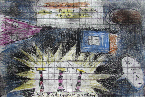 Stand By For Action FUCK!, drypoint, crayon, old childhood notebooks with teacher admonitions, 8x12 inches one-of-one
