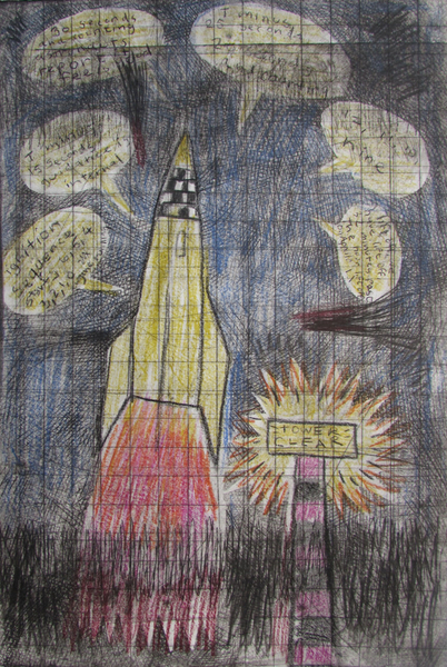 Tower Clear, drypoint, crayon, childhood notebooks with teacher admonitions, 8x12 inches one-of-one