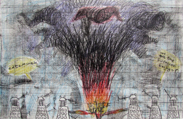 Daleks Vs The Burning Bush, drypoint, crayon 8x12 inches one-of-one