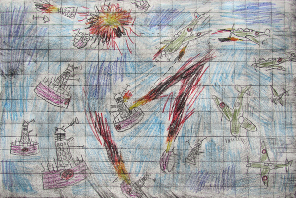Daleks vs. Spitfires, drypoint, crayon, chin colle, 8x12 inches, one-of-one