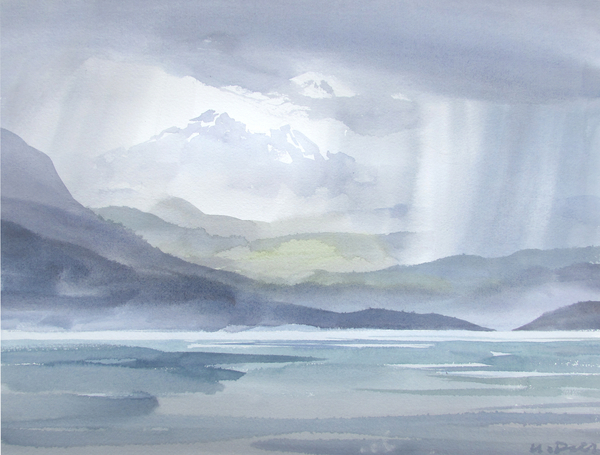 Showers Toward Mainland, 11x15 inch watercolour 250.00 unframed