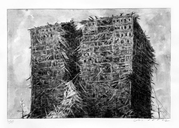 Ruin, 8x12 inch intaglio drypoint print with watercolour tint.