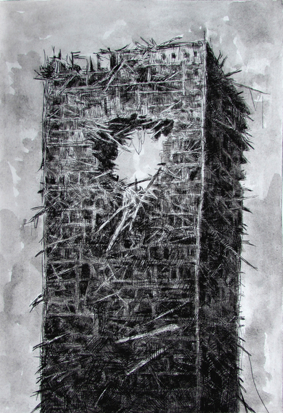 Tower, drypoint with watercolour tint, 8x12 inches edition of 20