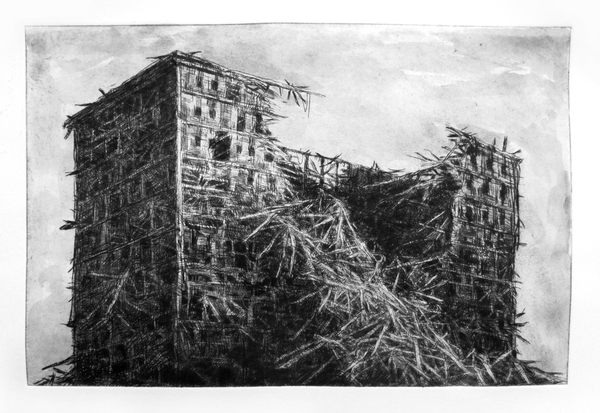 Ruin, 8x12 inch intaglio drypoint print with watercolour tint.