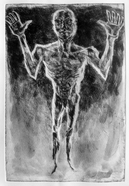 Orant figure, drypoint and watercolour tint, 8x12 inches, edition of five.