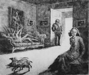 Deja Vu Upon Entering a Room, drypoint with watercolour, 8x10 inches