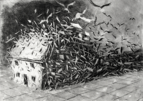 House and Spirits, drypoint and watercolour, 8x10 inches, edition of 20