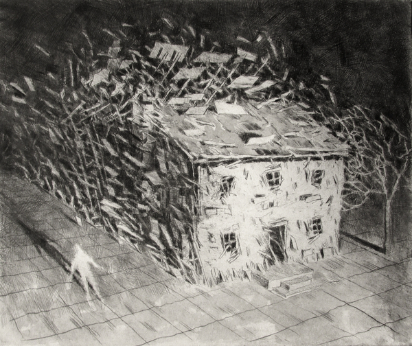 House, Tree, Person, drypoint and watercolour, 8x10 inches edition of twenty