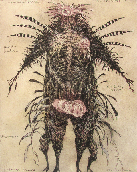 Untitled Figure, drypoint, watercolour, tea, 8x12 inches