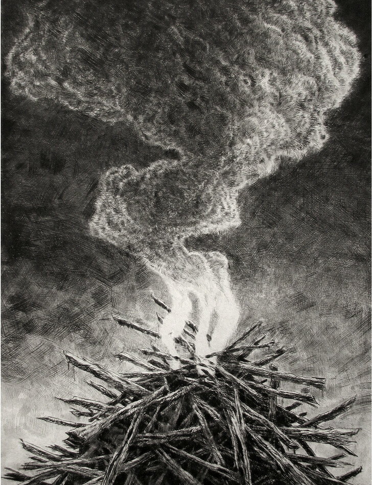 Alter, drypoint with watercolour tint, 10x13 inches, edition of 20