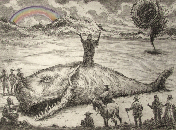 Sermon On The Whale After The Flood, drypoint and watercolour, 6x8 inches edition of twenty