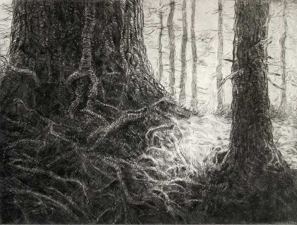 Two Trees, drypoint and watercolour tint, 8x6 inches, edition of five.