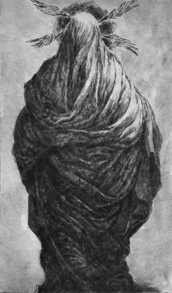 Standing Drapery, drypoint with watercolour tint, approx. 6x10 inches, edition of five