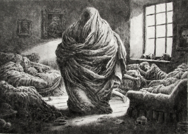 Visitor, drypoint with watercolour tint, 7.5 x 9.5 in. edition of five
