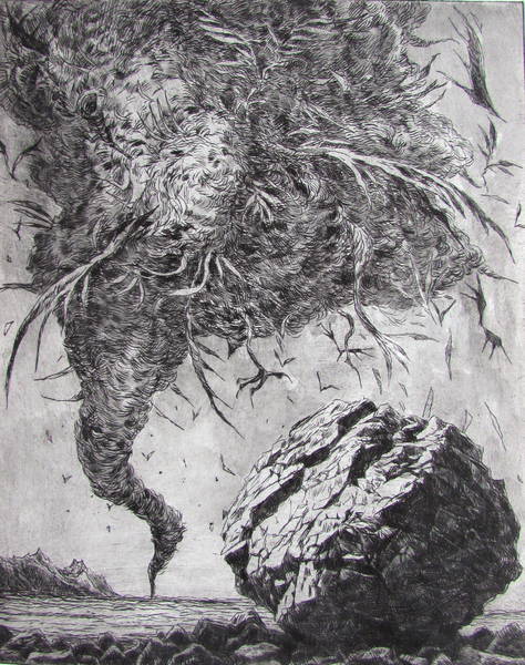 Boulder and Miasma, drypoint and watercolour tint, 7.5x9.5 inches, edition of 20