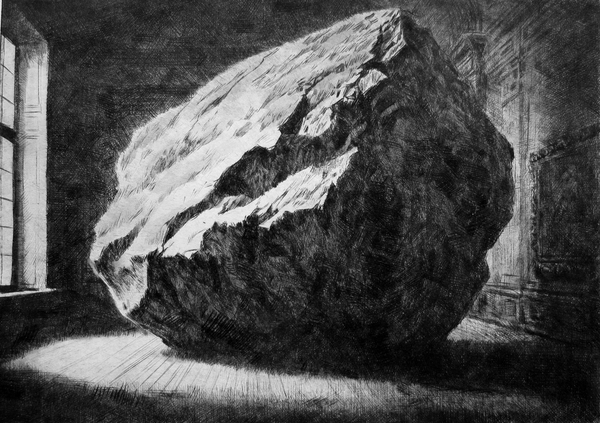 Boulder in Room, drypoint with watercolour tint, 7.5x9.5 inches, edition of ten