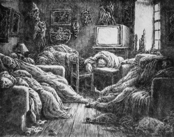 Afternoon Viewing, drypoint with watercolor tint, 7.5x9.5 inches, edition of twenty